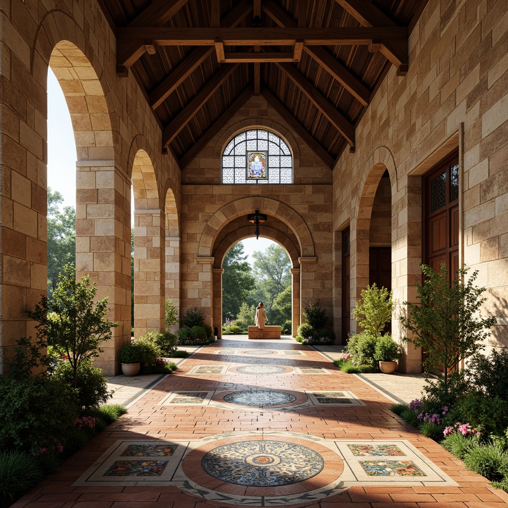 Prompt: Rustic stone walls, arched windows, ornate carvings, grand entrance halls, high ceilings, wooden beams, stained glass windows, vibrant colorful mosaics, intricate stone patterns, lush greenery, blooming flowers, sunny day, soft warm lighting, shallow depth of field, 3/4 composition, panoramic view, realistic textures, ambient occlusion.