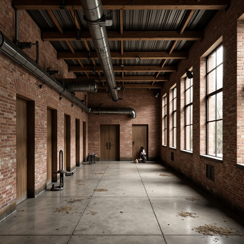 Prompt: Rustic industrial landscape, abandoned factories, worn brick walls, distressed metal roofs, reclaimed wood accents, earthy tones, natural textures, regional materials, local craftsmanship, exposed ductwork, concrete floors, steel beams, functional minimalism, industrial chic aesthetic, warm soft lighting, shallow depth of field, 1/1 composition, realistic renderings, ambient occlusion.