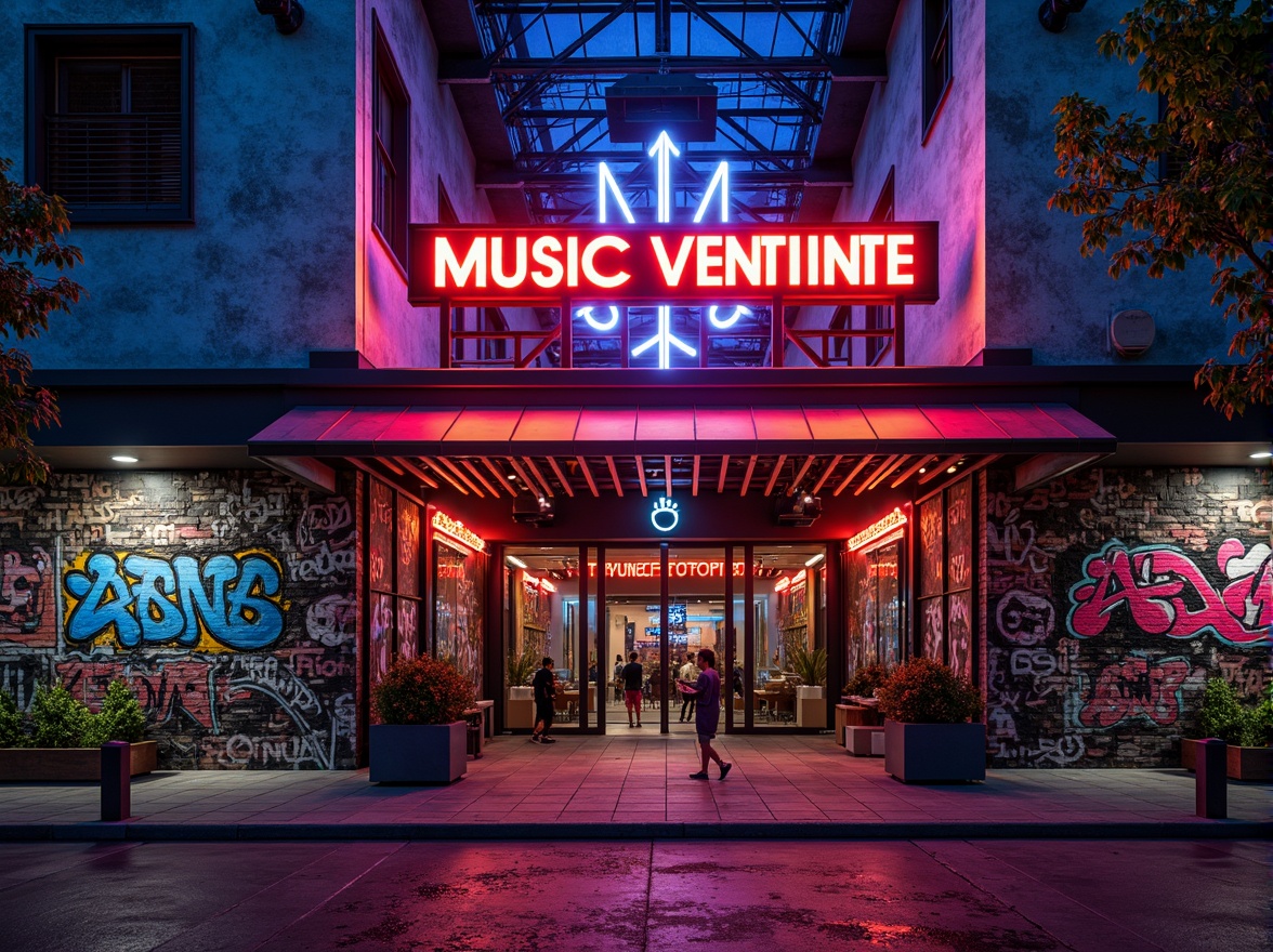 Prompt: Vibrant music venue exterior, neon-lit signage, metallic accents, industrial-chic brick walls, graffiti murals, urban cityscape backdrop, bustling nightlife atmosphere, dynamic LED light installations, geometric patterned facades, bold color schemes, edgy architectural lines, distressed concrete textures, trendy street art, eclectic mix of materials, moody evening ambiance, dramatic spotlights, 1/2 composition, shallow depth of field, cinematic lighting effects.