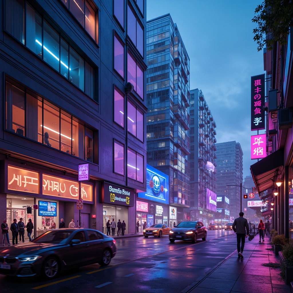 Prompt: Neon-lit cityscape, sleek metallic surfaces, iridescent hues, electric blues, vibrant purples, hot pinks, glowing oranges, luminescent whites, dark shadows, atmospheric fog, futuristic skyscrapers, curved lines, geometric patterns, holographic effects, LED lights, neon signs, cyberpunk ambiance, high-tech gadgets, virtual reality interfaces, 3D holographic projections, low-poly aesthetic, retro-futuristic nostalgia, dystopian undertones, cinematic lighting, shallow depth of field, 1/1 composition.