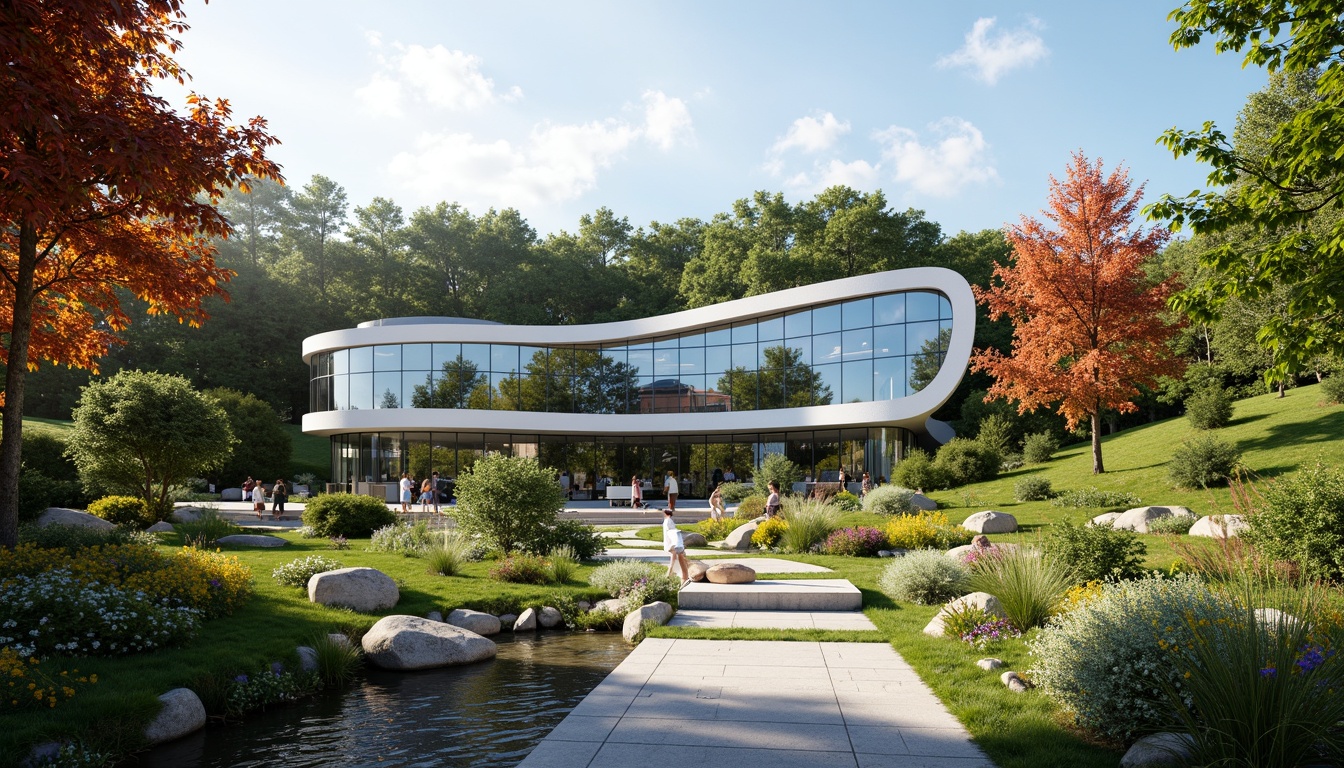 Prompt: Sleek modern architecture, curved lines, reflective glass surfaces, minimalist design, lush greenery, serene water features, gentle streams, natural stone walkways, vibrant flowers, blooming trees, sunny day, soft warm lighting, shallow depth of field, 3/4 composition, panoramic view, realistic textures, ambient occlusion.