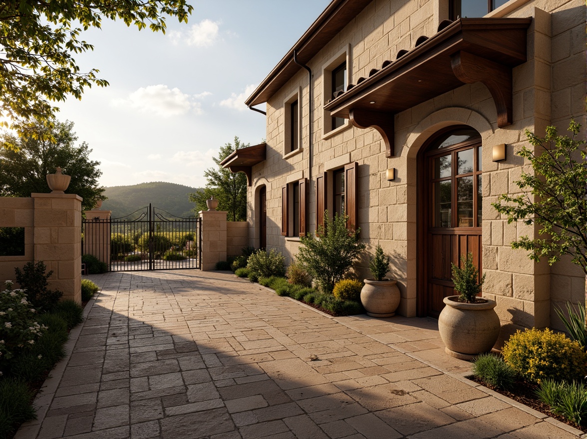 Prompt: Rustic winery facade, stone walls, wooden accents, ornate metalwork, grand entrance gates, vineyard views, rolling hills, Tuscan countryside, warm golden lighting, soft focus, shallow depth of field, 1/2 composition, symmetrical architecture, classic Renaissance style, arched windows, decorative cornices, rustic stonework, earthy tones, natural textures, ambient occlusion.