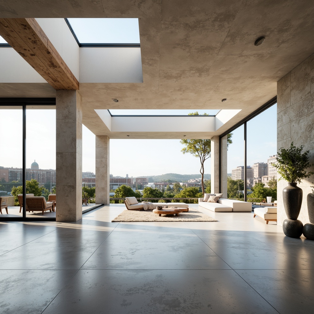 Prompt: Minimalist home, large windows, sliding glass doors, white walls, polished concrete floors, open floor plan, high ceilings, clerestory windows, skylights, natural stone accents, wooden beams, industrial chic decor, urban landscape views, cityscape backdrop, sunny day, soft warm lighting, shallow depth of field, 3/4 composition, panoramic view, realistic textures, ambient occlusion.