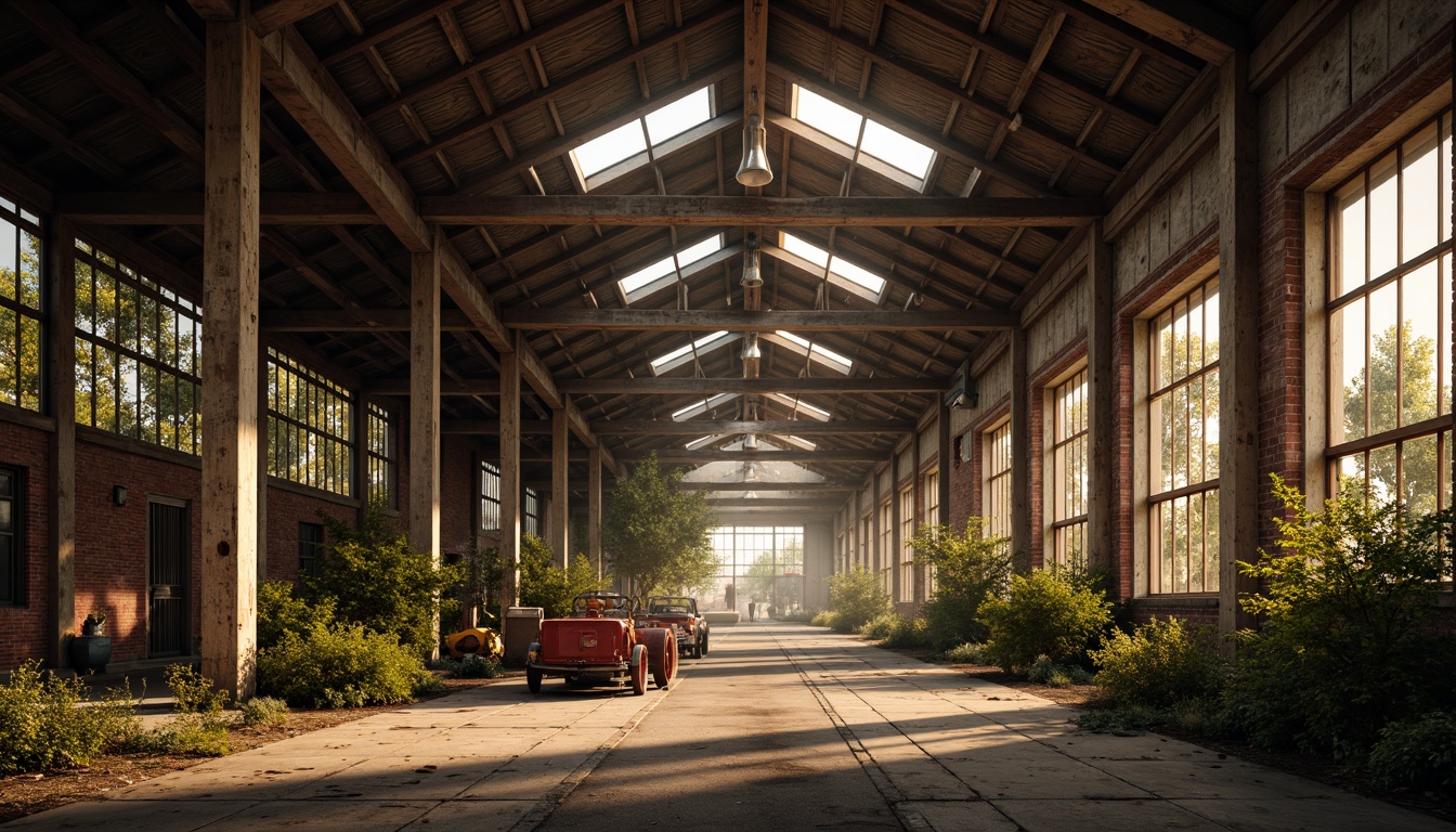 Prompt: Rustic industrial landscape, abandoned factories, distressed brick walls, corrugated metal roofs, worn wooden beams, vintage machinery, urban decay, overgrown vegetation, gritty urban atmosphere, warm golden lighting, shallow depth of field, 1/2 composition, cinematic view, realistic textures, ambient occlusion, nostalgic mood, retro-futuristic elements, exposed ductwork, concrete floors, steel columns, reclaimed wood accents, industrial chic aesthetic.