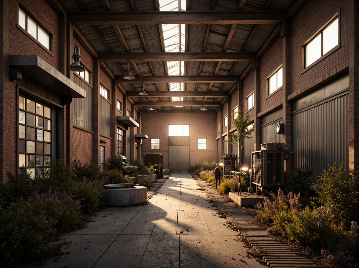 Prompt: Rustic industrial landscape, abandoned factories, distressed brick walls, corrugated metal roofs, worn wooden beams, vintage machinery, urban decay, overgrown vegetation, gritty urban atmosphere, warm golden lighting, shallow depth of field, 1/2 composition, cinematic view, realistic textures, ambient occlusion, nostalgic mood, retro-futuristic elements, exposed ductwork, concrete floors, steel columns, reclaimed wood accents, industrial chic aesthetic.