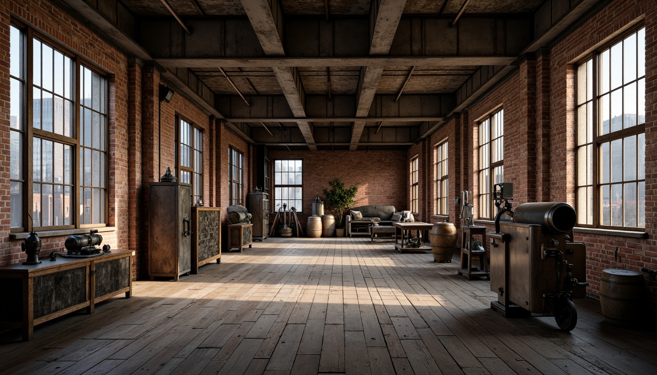 Prompt: Industrial factory setting, exposed brick walls, metal beams, worn wooden floors, vintage machinery, distressed textures, earthy tones, muted colors, rusty reds, weathered blues, faded yellows, industrial greys, urban atmosphere, gritty realism, high contrast lighting, dramatic shadows, cinematic composition, 1/2 camera angle, realistic renderings, ambient occlusion.