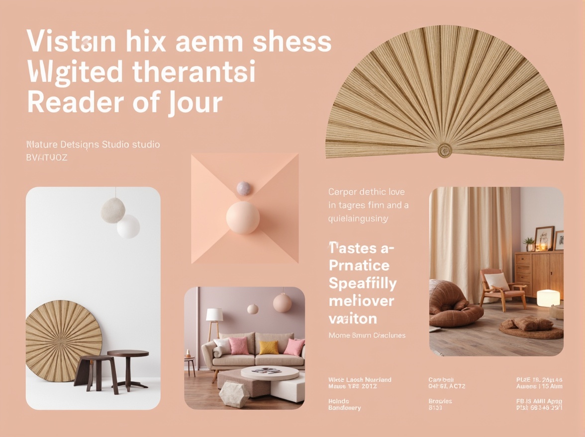 Prompt: Vibrant design studio, modern minimalist aesthetic, bold typography, pastel color scheme, soft peach tones, creamy whites, rich charcoal grays, natural wood textures, sleek metal accents, geometric patterns, abstract shapes, warm ambient lighting, shallow depth of field, 1/1 composition, realistic renderings, subtle gradient effects.