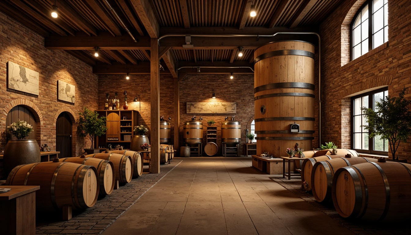 Prompt: Rustic winery, wooden barrels, stone walls, earthy tones, natural lighting, reclaimed wood accents, metal roofing, industrial chic decor, vintage wine-making equipment, exposed brick ceilings, wooden fermentation tanks, oak aging rooms, dim warm ambiance, soft golden lighting, shallow depth of field, 1/1 composition, realistic textures, ambient occlusion.