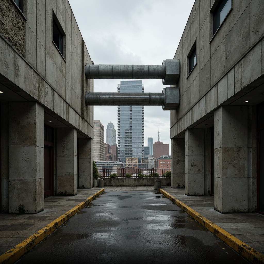 Prompt: Rugged concrete walls, exposed ductwork, industrial pipes, raw steel beams, brutalist architecture, fortress-like structures, monumental scale, geometric shapes, angular lines, minimal ornamentation, functional simplicity, urban landscapes, city skylines, overcast skies, dramatic shadows, high-contrast lighting, 1/1 composition, symmetrical framing, gritty textures, ambient occlusion.