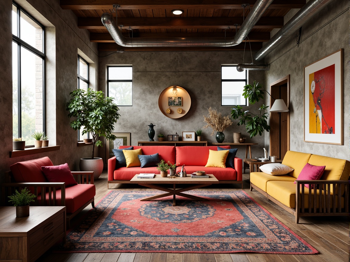 Prompt: Vibrant artistic studio, eclectic furniture, bold color blocking, contrasting textures, abstract artwork, statement lighting fixtures, industrial metal accents, reclaimed wood floors, bohemian-inspired rugs, natural stone walls, oversized windows, soft warm glow, shallow depth of field, 1/1 composition, realistic renderings, ambient occlusion.