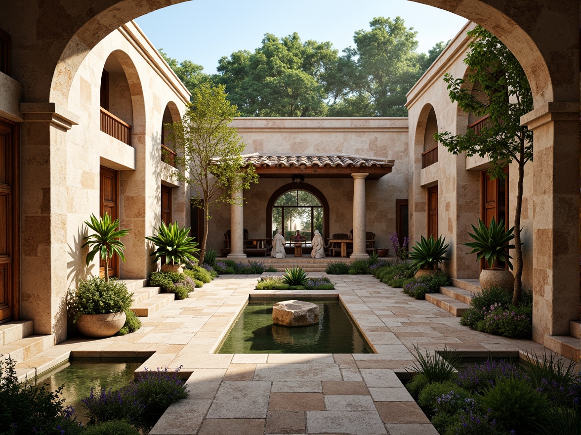 Prompt: Serene monastery courtyard, rustic stone walls, ornate wooden doors, tranquil water features, lush greenery, vibrant flowers, peaceful statues, intricate stonework, regional architectural style, curved lines, earthy tones, natural materials, warm soft lighting, shallow depth of field, 3/4 composition, panoramic view, realistic textures, ambient occlusion.