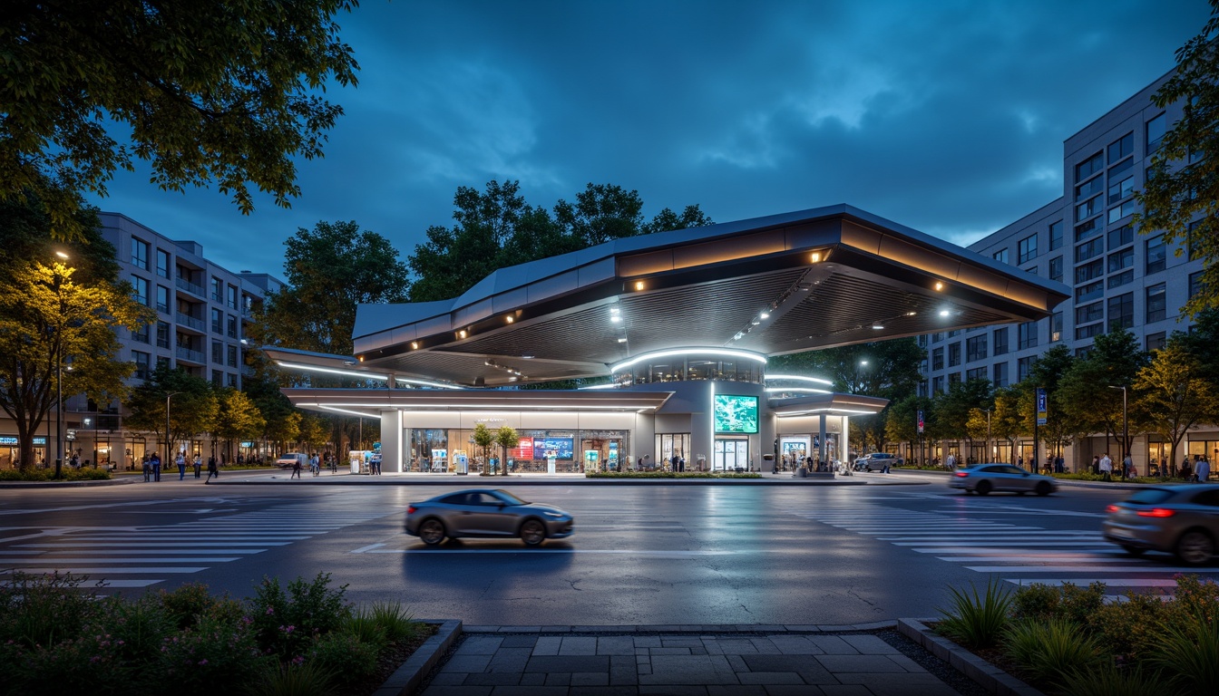 Prompt: Futuristic gas station, sleek metal facade, neon LED lights, angular lines, minimalist design, high-tech equipment, digital displays, touchless payment systems, modern fuel pumps, stainless steel canopies, cantilevered roofs, green walls, living trees, urban landscape, busy streets, vibrant city lights, shallow depth of field, 1/1 composition, realistic textures, ambient occlusion.