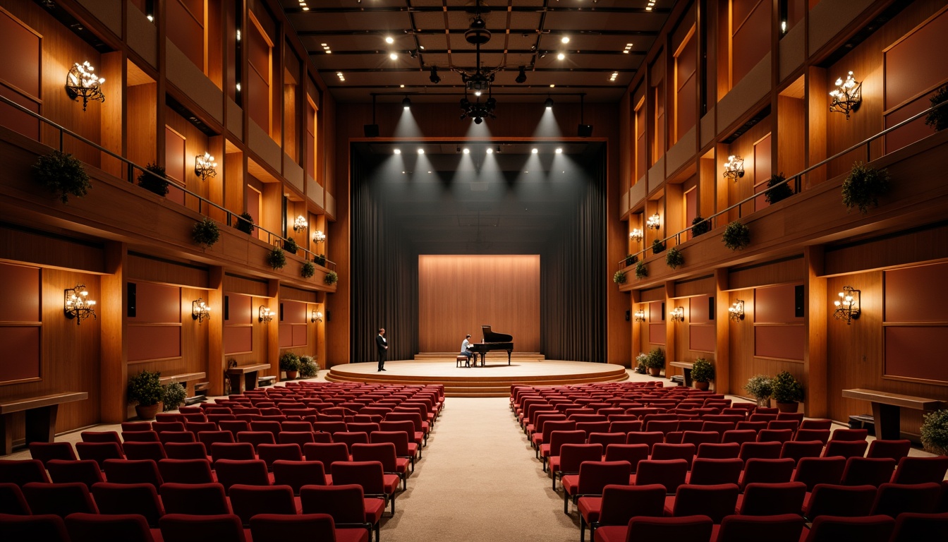 Prompt: Intimate concert hall, wooden acoustic panels, sound-absorbing materials, curved lines, minimalist decor, warm ambient lighting, shallow stage, grand piano, professional audio equipment, high ceilings, ornate chandeliers, plush red seats, velvet curtains, dramatic spotlights, 1/1 composition, soft focus, realistic textures, subtle reflections.