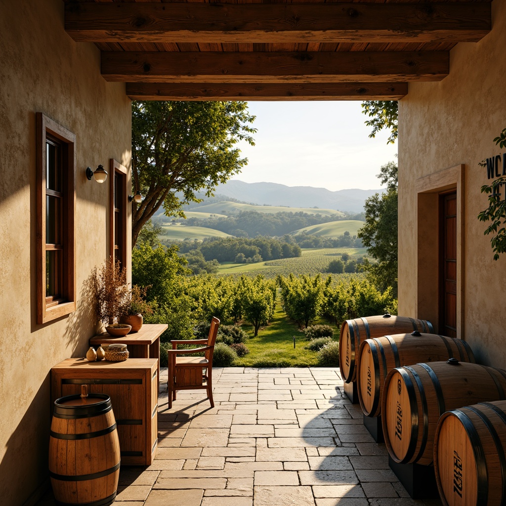 Prompt: Rustic winery, earthy tones, warm beige walls, rich wood accents, vintage metal decor, lush green vineyards, rolling hills, sunny afternoon, soft golden lighting, shallow depth of field, 1/1 composition, realistic textures, ambient occlusion, natural stone pathways, wooden barrels, wine cellar atmosphere, elegant typography, sophisticated branding.