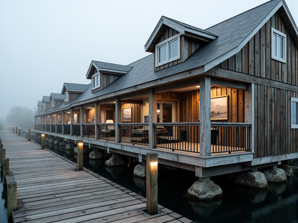 Prompt: Waterfront location, wooden dock, rustic boathouse, classic nautical theme, weathered wood accents, white trim details, pitched rooflines, dormer windows, natural stone foundation, ornate metal railings, lantern-style lighting, soft warm glow, misty morning atmosphere, shallow depth of field, 1/1 composition, realistic textures, ambient occlusion.