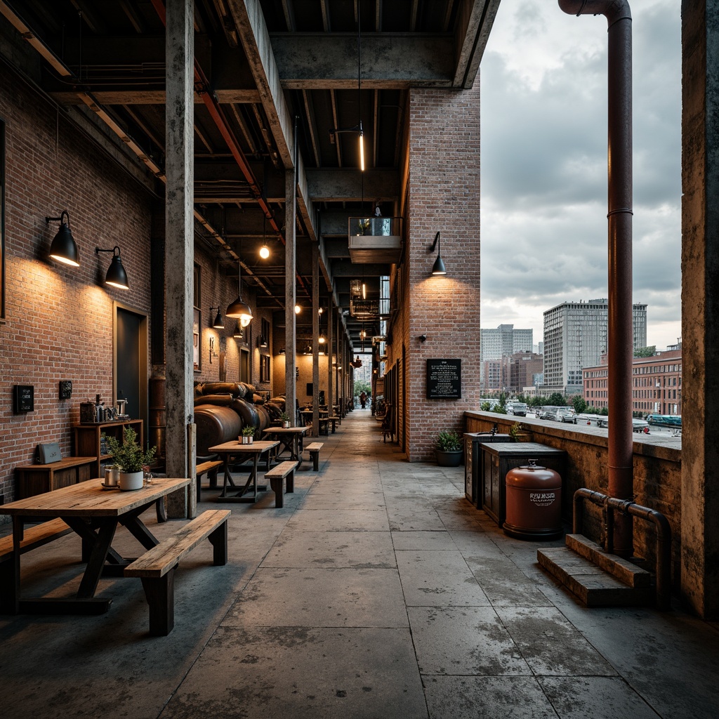 Prompt: Industrial factory setting, exposed brick walls, metal beams, worn wooden floors, distressed concrete textures, vintage machinery, rusty pipes, urban cityscape, cloudy grey skies, warm golden lighting, shallow depth of field, 1/2 composition, realistic materials, ambient occlusion, muted color palette, earthy tones, weathered steel blues, faded reds, industrial greens, creamy whites, rich browns.