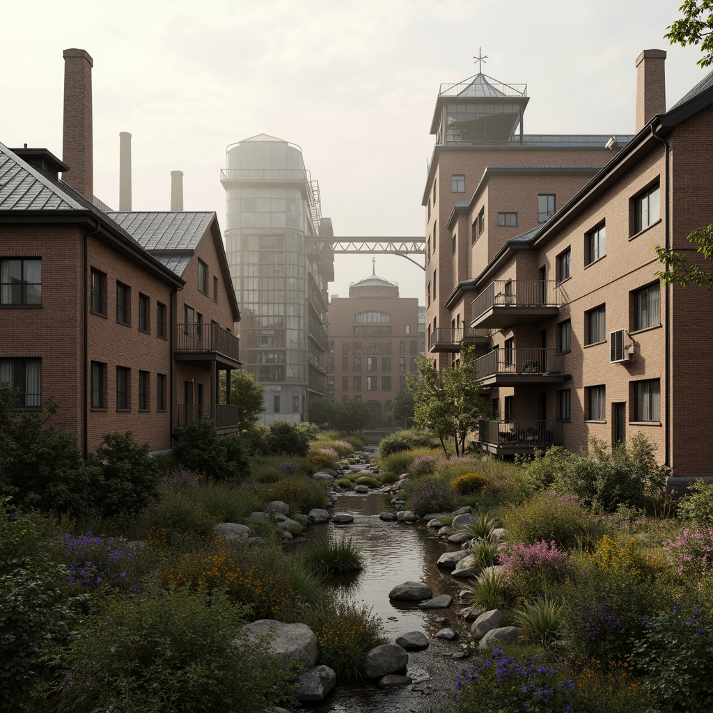 Prompt: Industrial factory complex, rustic brick buildings, corrugated metal roofs, worn concrete walls, vintage machinery, abandoned chimneys, overgrown vegetation, wildflowers, meandering streams, misty atmosphere, soft warm lighting, shallow depth of field, 3/4 composition, panoramic view, realistic textures, ambient occlusion, regionalism-inspired architecture, modern industrial design, functional spaces, exposed ductwork, metal catwalks, reclaimed wood accents, earthy color palette, natural stone pathways, weathered steel bridges.