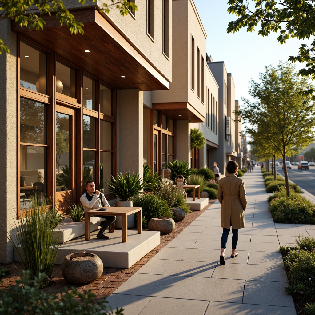 Prompt: Warm beige exterior walls, large glass windows, wooden accents, modern minimalist design, inviting entrance, outdoor seating area, lush greenery, potted plants, natural stone flooring, rustic metal decorations, soft warm lighting, shallow depth of field, 1/1 composition, realistic textures, ambient occlusion, urban cityscape, busy street scene, morning sunlight, gentle breeze.