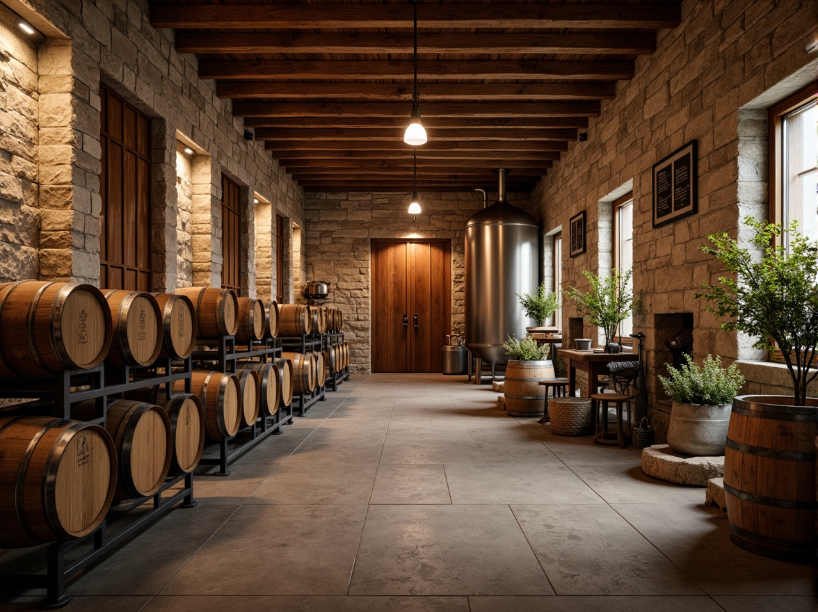 Prompt: Rustic winery building, wooden barrels, vintage wine-making equipment, stone walls, earthy tones, natural lighting, large wooden doors, metal accents, modern industrial touches, sleek steel tanks, stainless steel pipes, fermentation rooms, grape crushing machines, wine cellar, underground tunnels, dim warm lighting, shallow depth of field, 1/1 composition, realistic textures, ambient occlusion.