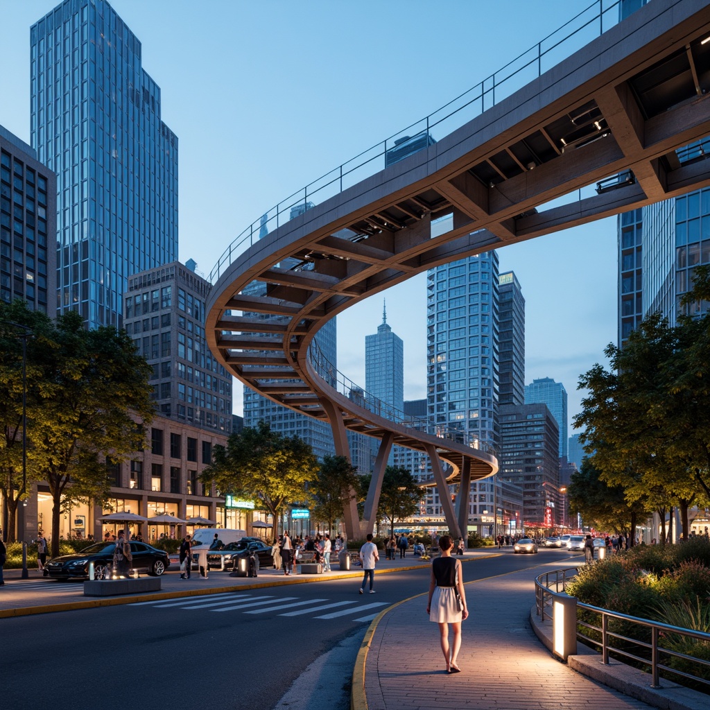 Prompt: Curved pedestrian bridge, sleek metal railings, wooden decking, modern urban landscape, city skyline, vibrant streetlights, bustling streets, dynamic structural elements, cantilevered sections, suspension cables, geometric shapes, minimalist design, functional lighting, safety features, accessible ramps, staircases, observation decks, panoramic views, realistic textures, ambient occlusion, shallow depth of field, 3/4 composition.