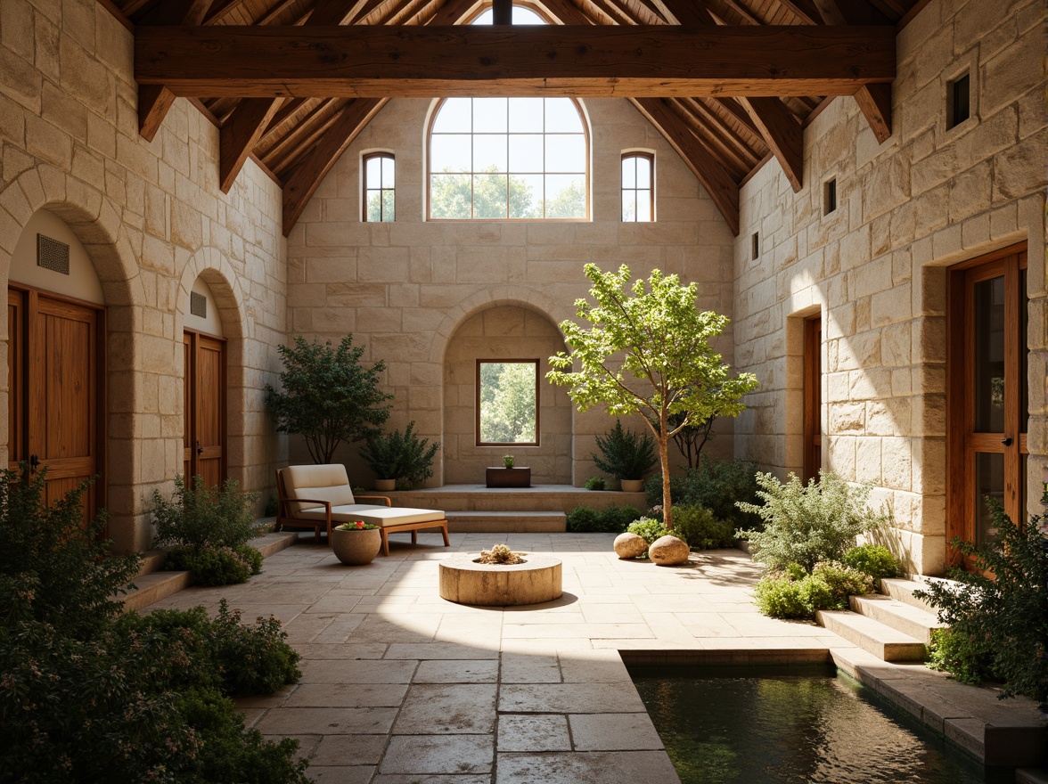 Prompt: Serene monastery courtyard, natural stone walls, rustic wooden doors, stained glass windows, vaulted ceilings, soft warm lighting, gentle shadows, peaceful ambiance, lush greenery, blooming flowers, tranquil water features, subtle misting, warm beige tones, earthy textures, minimalist decor, simple furnishings, contemplative atmosphere, soft focus, shallow depth of field, 1/1 composition, realistic rendering.