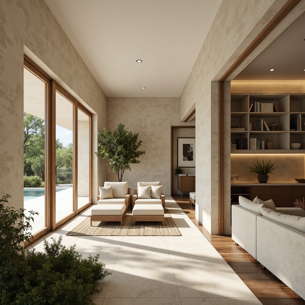 Prompt: Minimalist villa, clean lines, simple shapes, monochromatic color scheme, soft beige walls, creamy white accents, warm wooden floors, natural stone textures, lush greenery surroundings, serene atmosphere, abundant natural light, floor-to-ceiling windows, sliding glass doors, cozy reading nooks, built-in shelving units, subtle ambient lighting, 1/1 composition, shallow depth of field, realistic renderings.