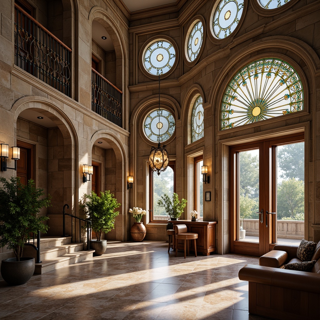 Prompt: Intricate bank facade, ornate Art Nouveau details, natural stone walls, carved wooden doors, stained glass windows, flowing organic lines, botanical motifs, curved metal railings, grand entrance hall, marble floors, polished wood counters, elegant chandeliers, warm soft lighting, shallow depth of field, 1/2 composition, realistic textures, ambient occlusion.