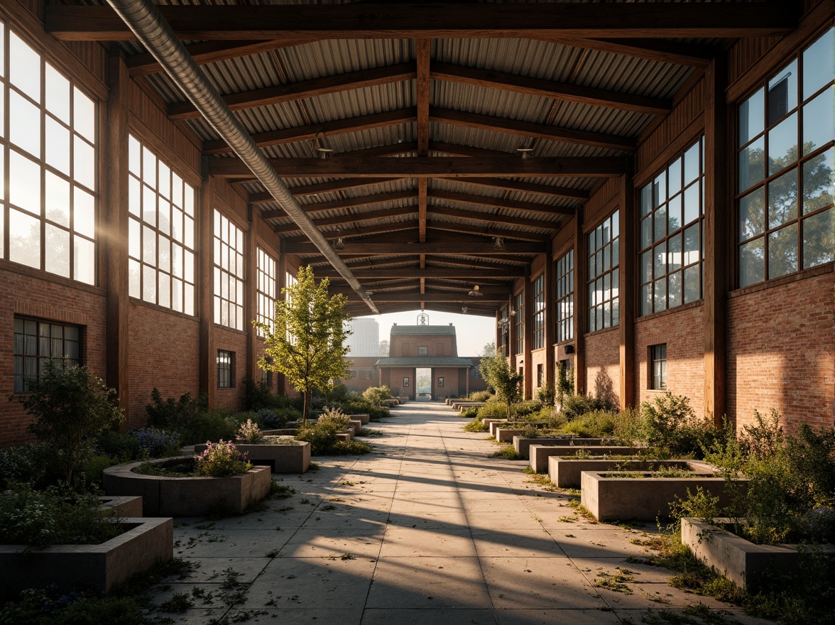 Prompt: Rustic industrial landscape, abandoned factories, distressed brick walls, corrugated metal roofs, worn wooden beams, vintage machinery, urban decay, overgrown vegetation, gritty urban atmosphere, warm golden lighting, shallow depth of field, 1/2 composition, cinematic view, realistic textures, ambient occlusion, nostalgic mood, retro-futuristic elements, exposed ductwork, concrete floors, steel columns, reclaimed wood accents, industrial chic aesthetic.