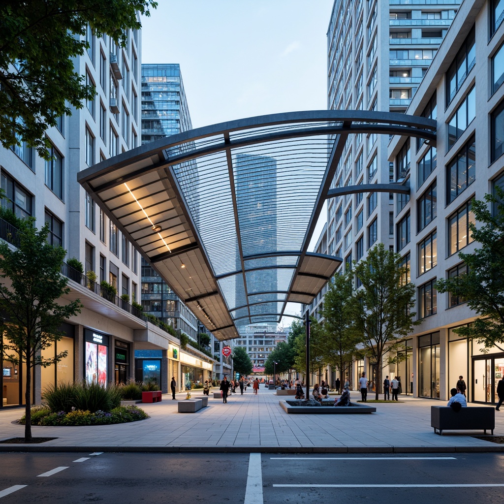 Prompt: Futuristic tram station, curved canopy structure, sleek metal framework, translucent glass roof, vibrant LED lighting, urban cityscape, bustling streets, modern transportation hub, efficient passenger flow, comfortable waiting areas, greenery walls, natural ventilation systems, cantilevered seating, minimalist benches, real-time information displays, dynamic advertising screens, shallow depth of field, 1/1 composition, panoramic view, realistic textures, ambient occlusion.