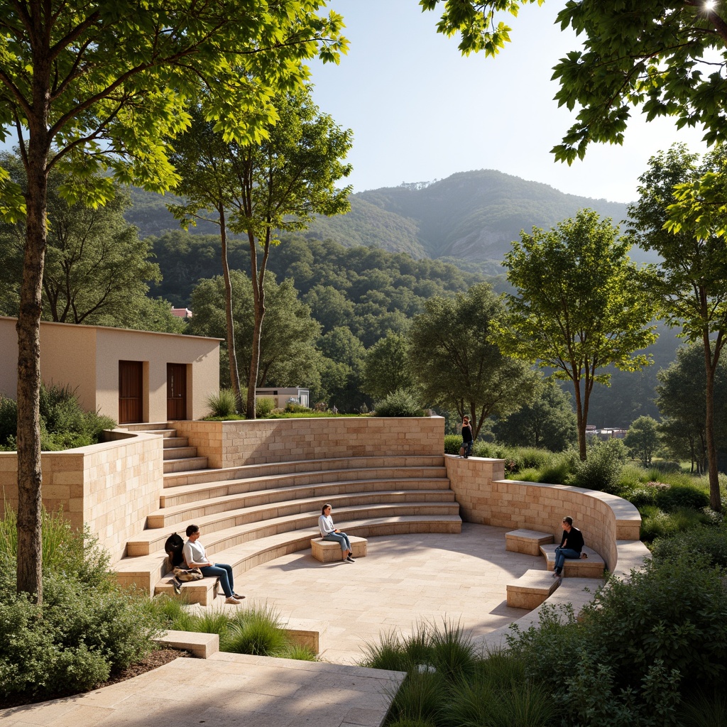 Prompt: Organic amphitheater, natural stone seating, lush greenery, curved lines, earthy tones, warm beige colors, rustic wooden accents, soft diffused lighting, dappled shade, afternoon sunbeams, gentle breeze, open-air atmosphere, panoramic views, 3/4 composition, shallow depth of field, realistic textures, ambient occlusion.