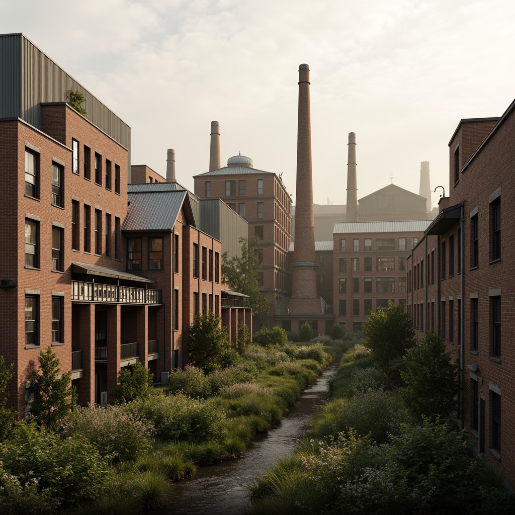 Prompt: Industrial factory complex, rustic brick buildings, corrugated metal roofs, worn concrete walls, vintage machinery, abandoned chimneys, overgrown vegetation, wildflowers, meandering streams, misty atmosphere, soft warm lighting, shallow depth of field, 3/4 composition, panoramic view, realistic textures, ambient occlusion, regionalist architectural style, functional simplicity, earthy color palette, distressed finishes, reclaimed wood accents, metal cladding, industrial heritage, nostalgic ambiance.