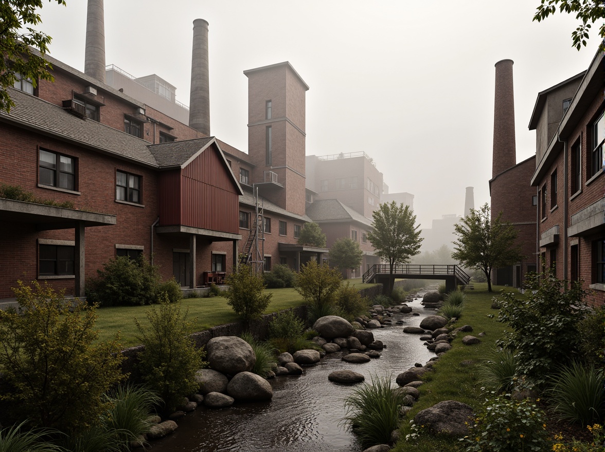 Prompt: Industrial factory complex, rustic brick buildings, corrugated metal roofs, worn concrete walls, vintage machinery, abandoned chimneys, overgrown vegetation, wildflowers, meandering streams, misty atmosphere, soft warm lighting, shallow depth of field, 3/4 composition, panoramic view, realistic textures, ambient occlusion, regionalism-inspired architecture, modern industrial design, functional spaces, exposed ductwork, metal catwalks, reclaimed wood accents, earthy color palette, natural stone pathways, weathered steel bridges.