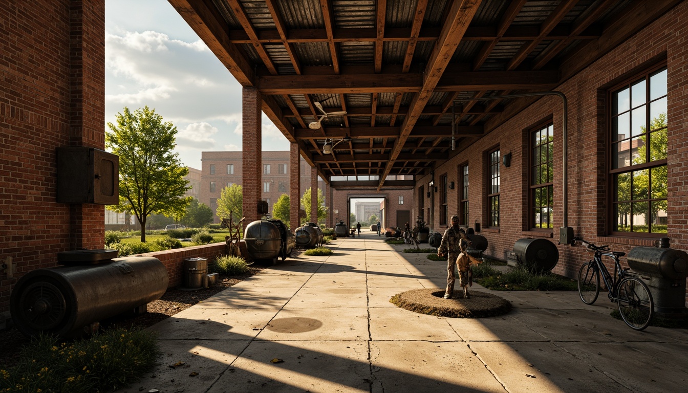 Prompt: Rustic industrial landscape, abandoned factories, distressed brick walls, corrugated metal roofs, worn wooden beams, vintage machinery, urban decay, overgrown vegetation, gritty urban atmosphere, warm golden lighting, shallow depth of field, 1/2 composition, cinematic view, realistic textures, ambient occlusion, nostalgic mood, retro-futuristic elements, exposed ductwork, concrete floors, steel columns, reclaimed wood accents, industrial chic aesthetic.