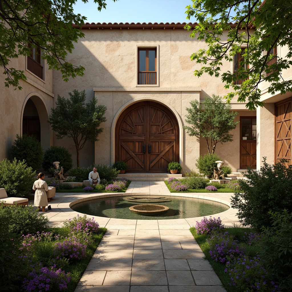 Prompt: Serene monastery courtyard, rustic stone walls, ornate wooden doors, tranquil water features, lush greenery, vibrant flowers, peaceful statues, intricate stonework, regional architectural elements, curved lines, earthy color palette, natural light filtering, warm ambient lighting, shallow depth of field, 3/4 composition, panoramic view, realistic textures, ambient occlusion.