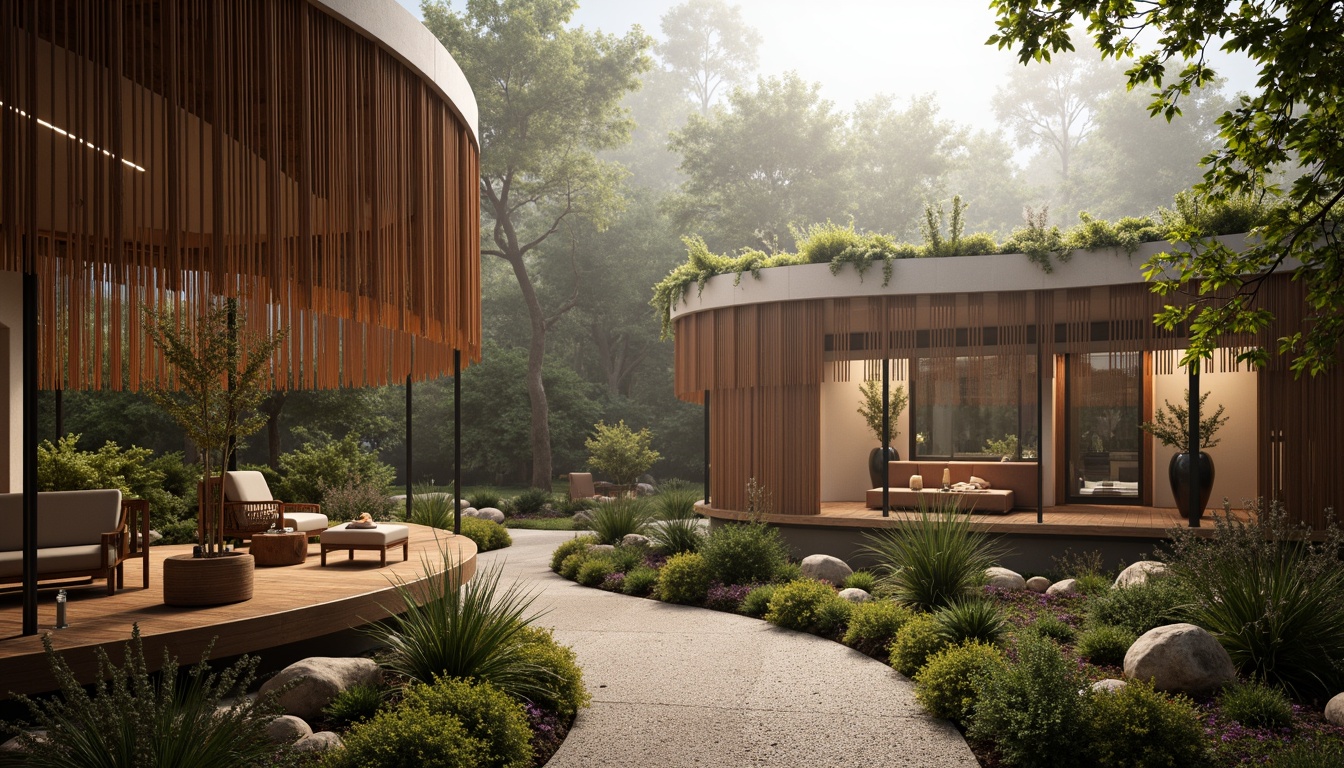 Prompt: Earthy tones, natural materials, woven fibers, reclaimed wood accents, living walls, green roofs, organic shapes, curved lines, soft warm lighting, earthy scent, misty atmosphere, serene ambiance, 3/4 composition, shallow depth of field, realistic textures, ambient occlusion.