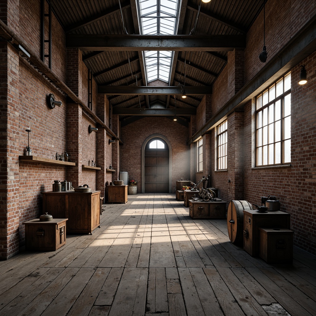 Prompt: Industrial factory setting, exposed brick walls, metal beams, worn wooden floors, vintage machinery, distressed textures, earthy tones, muted colors, rusty reds, weathered blues, faded yellows, industrial greys, urban atmosphere, gritty realism, high contrast lighting, dramatic shadows, cinematic composition, 1/2 camera angle, realistic renderings, ambient occlusion.