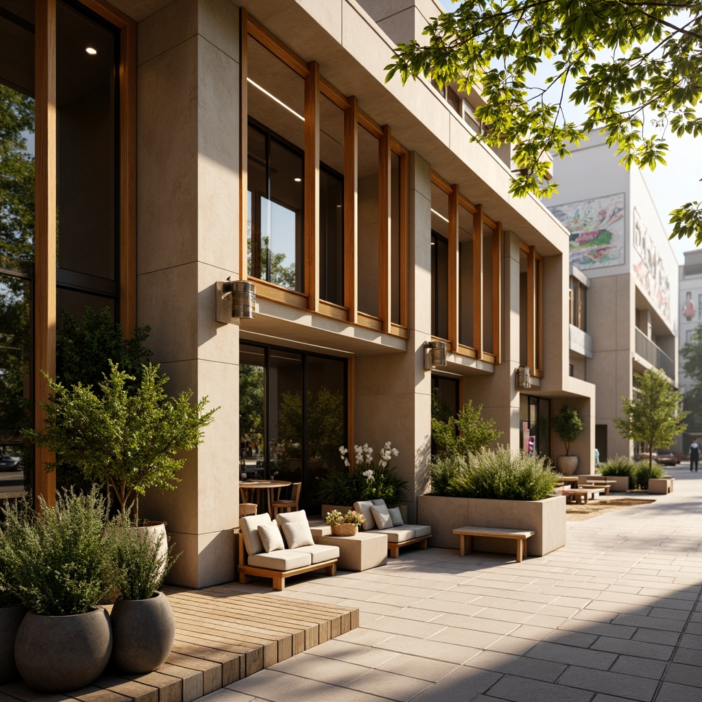 Prompt: Warm beige exterior walls, large glass windows, wooden accents, modern minimalist design, inviting entrance, outdoor seating area, lush greenery, potted plants, natural stone flooring, rustic metal decorations, soft warm lighting, shallow depth of field, 1/1 composition, realistic textures, ambient occlusion, urban cityscape, busy street scene, morning sunlight, gentle breeze.