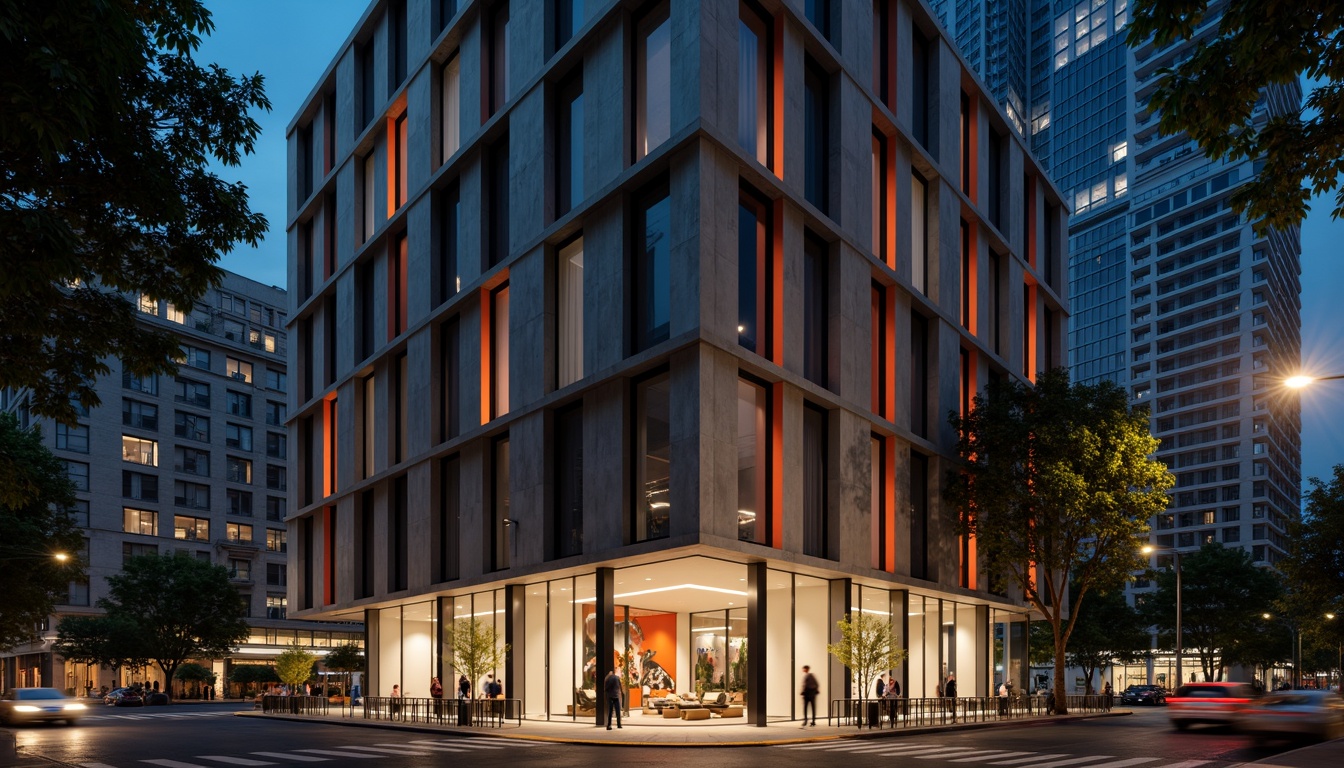 Prompt: Geometric hotel facade, asymmetrical composition, rectangular windows, industrial materials, raw concrete walls, steel beams, minimalist decor, functional simplicity, bold color accents, abstract artwork, urban cityscape, busy streets, modern streetlights, dramatic nighttime lighting, low-angle shot, 1/2 composition, high-contrast tone, cinematic atmosphere, brutalist architecture, clean lines, rectangular shapes, functional minimalism.