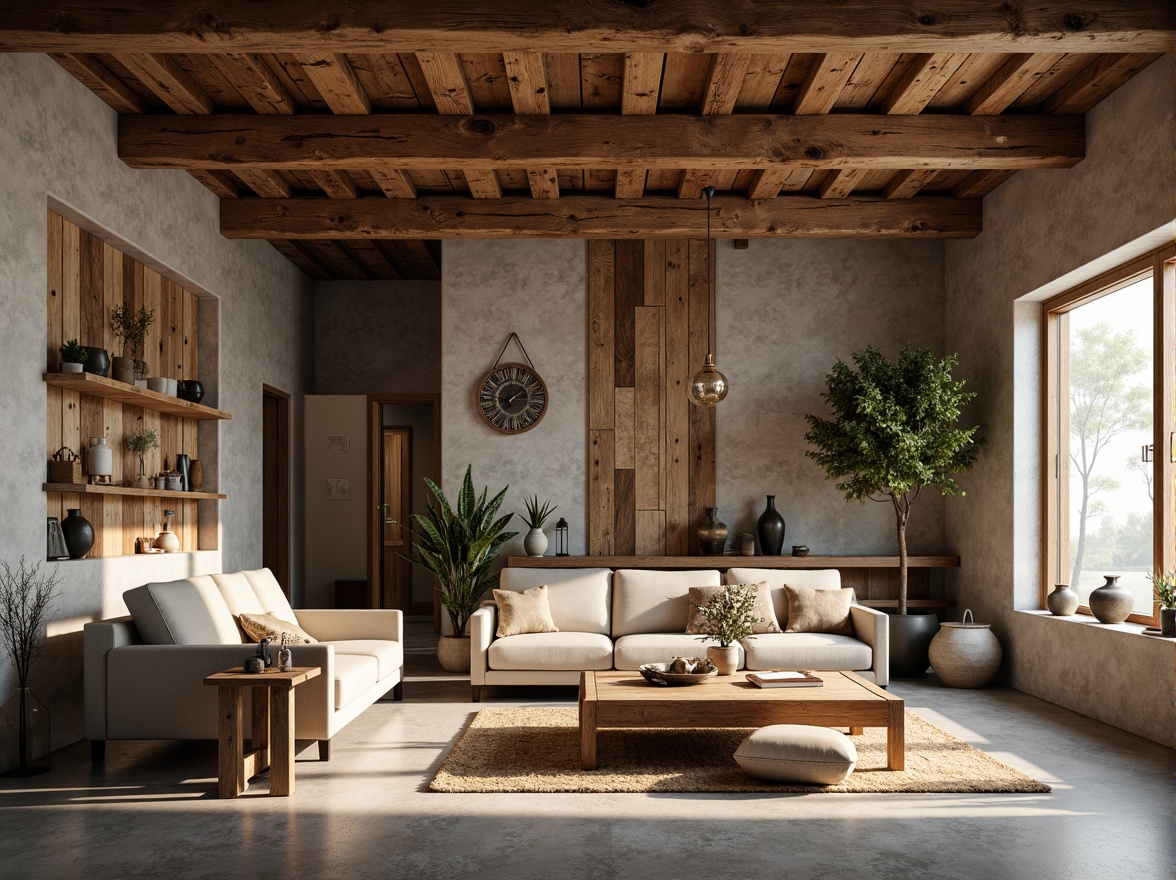 Prompt: Weathered wooden accents, reclaimed wood textures, earthy color palette, natural stone walls, exposed concrete structures, industrial metal frames, minimalist decor, functional simplicity, abundant natural light, soft warm ambiance, shallow depth of field, 1/1 composition, realistic material rendering, ambient occlusion.