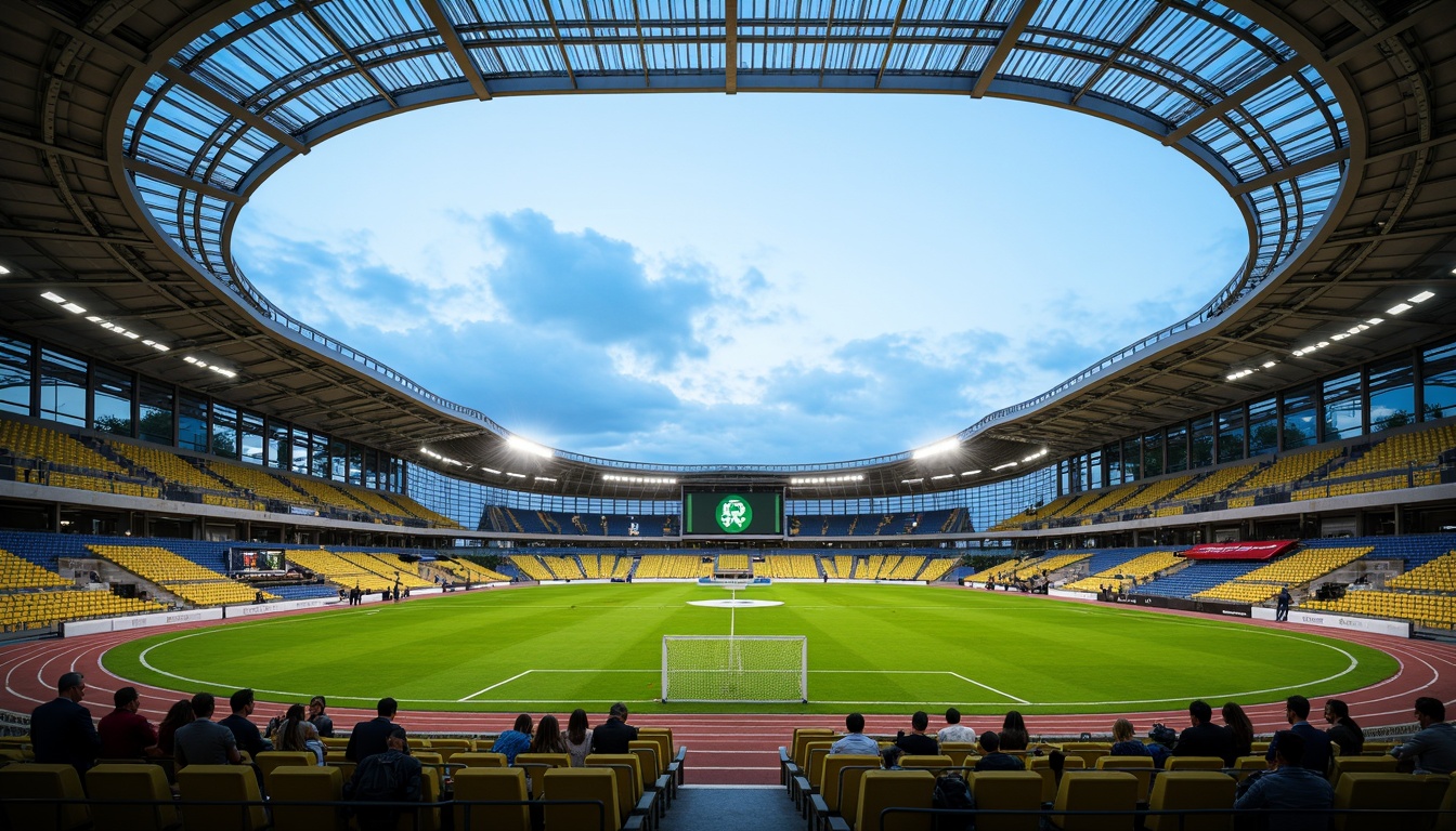 Prompt: Modern soccer stadium, sleek curved lines, cantilevered roofs, transparent glass facades, steel structures, vibrant green seats, lush grass fields, athletic tracks, scoreboard displays, floodlighting systems, evening ambiance, shallow depth of field, 1/1 composition, realistic textures, ambient occlusion, durable concrete flooring, weather-resistant exterior cladding, sound-absorbing interior materials, eco-friendly sustainable design, natural ventilation systems, spacious player lounges, state-of-the-art locker rooms.