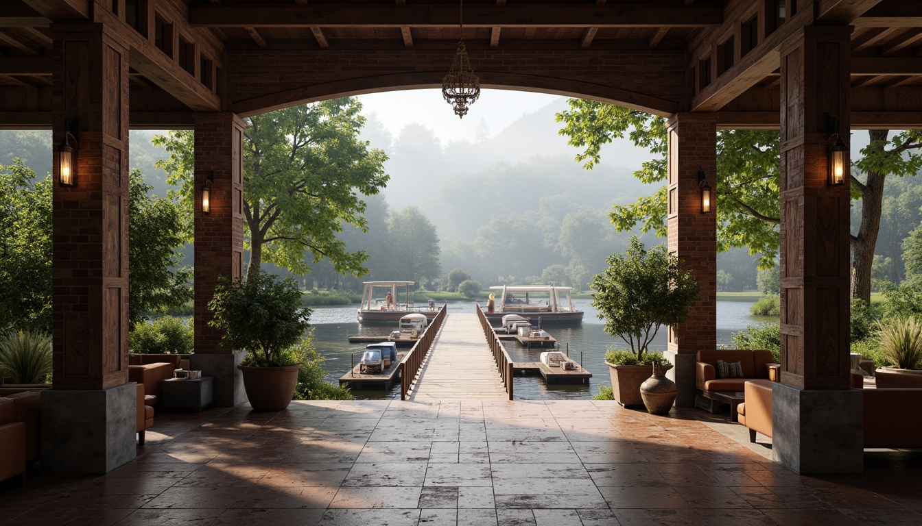 Prompt: Weathered wooden docks, rustic boat lifts, vintage nautical equipment, distressed brick walls, classic columns, ornate wooden trim, soft warm lighting, misty morning atmosphere, serene lake views, lush greenery, natural stone foundations, copper accents, worn wooden floors, plush furnishings, cozy reading nooks, rich wood tones, elegant chandeliers, subtle texture overlays, shallow depth of field, 1/2 composition, cinematic framing.