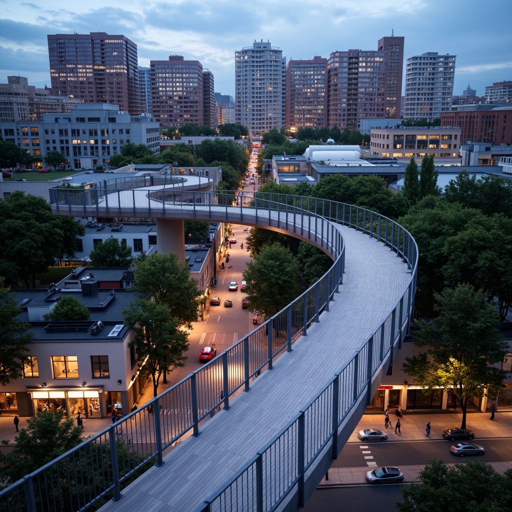 Prompt: Curved pedestrian bridge, sleek metal railings, wooden decking, modern urban landscape, city skyline, vibrant streetlights, bustling streets, dynamic structural elements, cantilevered sections, suspension cables, geometric shapes, minimalist design, functional lighting, safety features, accessible ramps, staircases, observation decks, panoramic views, realistic textures, ambient occlusion, shallow depth of field, 3/4 composition.