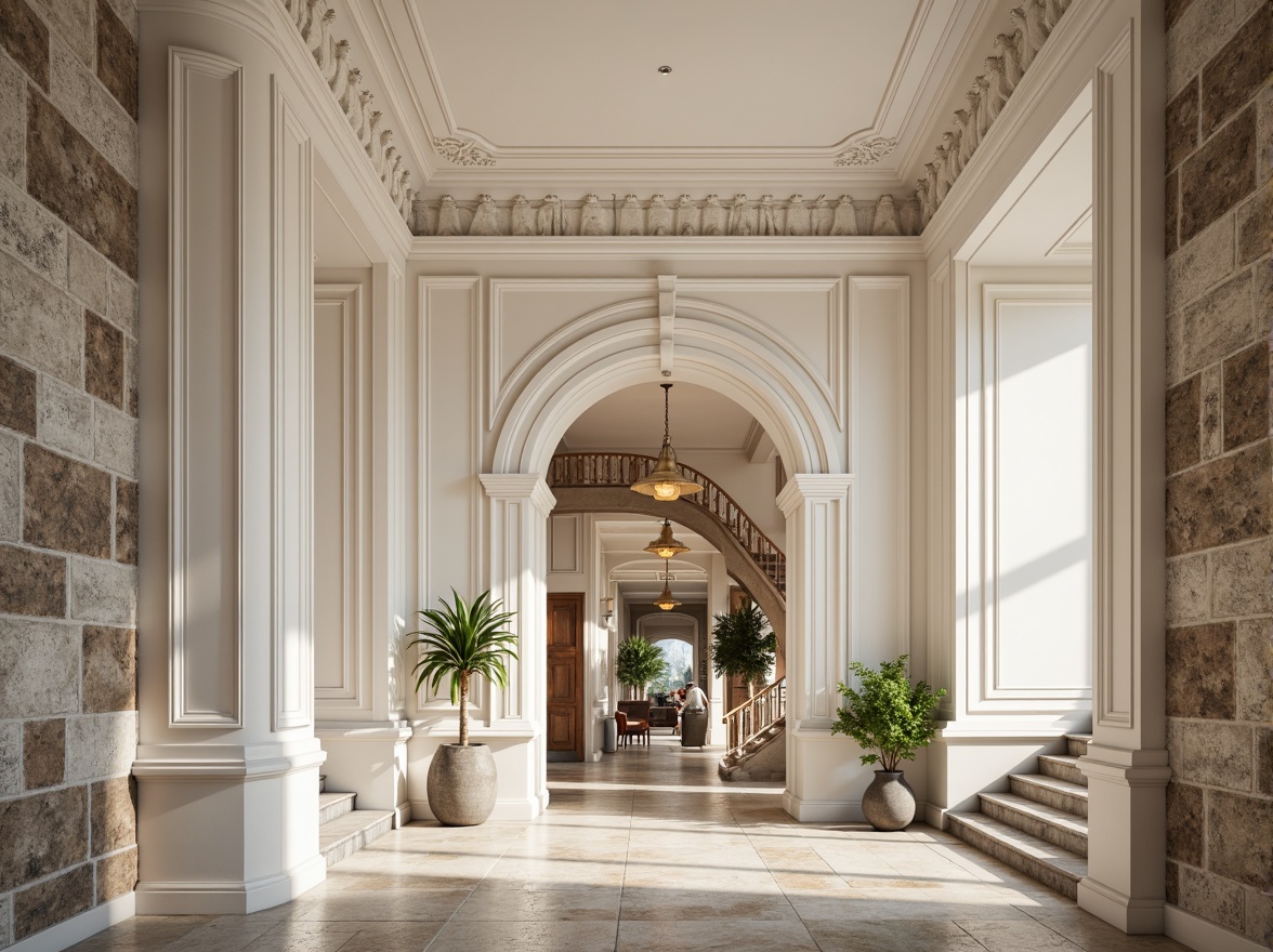 Prompt: Ornate plaster ceilings, decorative moldings, smooth white finishes, textured surfaces, rustic stone walls, classical architectural details, grand entrance halls, sweeping staircases, luxurious interior design, soft warm lighting, shallow depth of field, 3/4 composition, realistic textures, ambient occlusion.