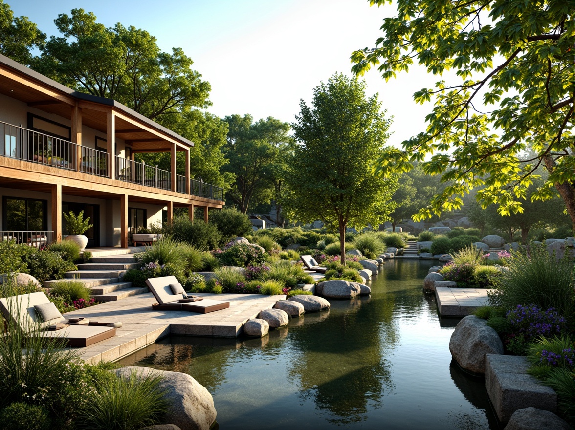 Prompt: Harmonious landscape integration, lush greenery, serene water features, natural stone walls, wooden decks, modern architecture, large windows, sliding glass doors, blooming flowers, vibrant trees, sunny day, soft warm lighting, shallow depth of field, 3/4 composition, panoramic view, realistic textures, ambient occlusion, eco-friendly materials, sustainable design solutions, innovative irrigation systems, organic gardens, meandering pathways, scenic overlooks, tranquil atmosphere.