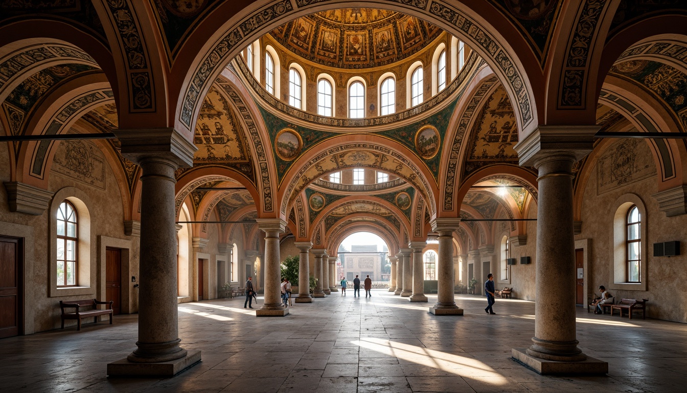 Prompt: Intricate stone arches, ornate carvings, grand entranceways, majestic domes, richly decorated ceilings, vibrant mosaics, golden accents, solemn atmosphere, soft warm lighting, shallow depth of field, 3/4 composition, panoramic view, realistic textures, ambient occlusion, ancient Byzantine style, historic landmarks, sacred religious buildings, imposing structures, symmetrical facades, ornamental columns, capitals, and pilasters.