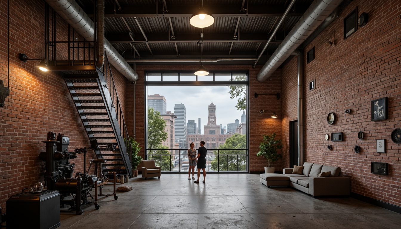 Prompt: Rustic industrial warehouse, exposed brick walls, metal beams, reclaimed wood accents, vintage machinery, distressed concrete floors, urban cityscape, cloudy grey sky, dramatic warm lighting, shallow depth of field, 1/1 composition, realistic textures, ambient occlusion, functional pipes, industrial-style lamps, metallic staircases, minimalist decor, modern urban living, converted loft spaces.