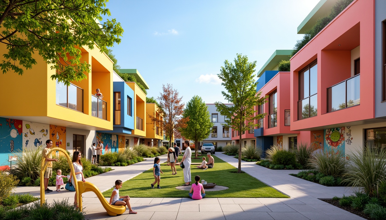 Prompt: Vibrant social housing, warm community atmosphere, playful children's playground, bright murals, colorful street art, lively urban landscape, modern architecture, bold geometric shapes, energetic color scheme, sunny yellow walls, sky blue accents, lime green roofs, coral pink balconies, creamy white trim, natural wood textures, cozy interior spaces, soft warm lighting, shallow depth of field, 3/4 composition, panoramic view, realistic textures, ambient occlusion.