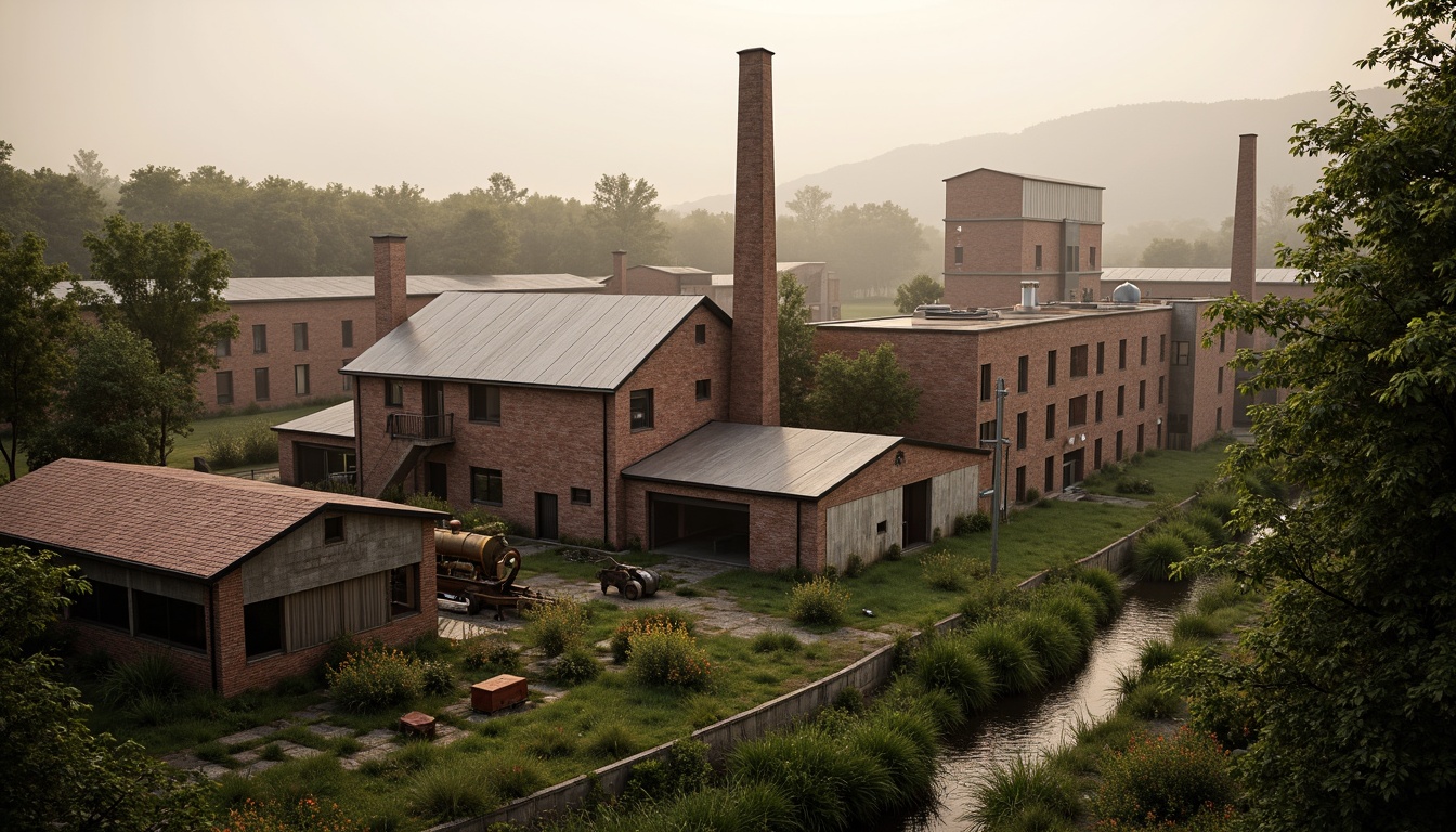 Prompt: Industrial factory complex, rustic brick buildings, corrugated metal roofs, worn concrete walls, vintage machinery, abandoned chimneys, overgrown vegetation, wildflowers, meandering streams, misty atmosphere, soft warm lighting, shallow depth of field, 3/4 composition, panoramic view, realistic textures, ambient occlusion, regionalist architectural style, functional simplicity, earthy color palette, distressed finishes, reclaimed wood accents, metal cladding, industrial heritage, nostalgic ambiance.