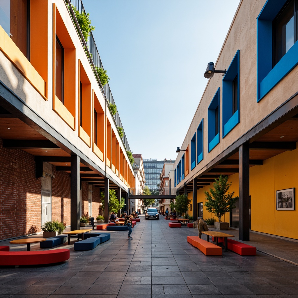 Prompt: Geometric student halls, bold primary colors, rectangular windows, flat roofs, functionalist architecture, industrial materials, exposed brick walls, steel beams, minimalist decor, communal living spaces, modern furniture, abstract artwork, natural light, 1/1 composition, high contrast lighting, dramatic shadows, urban surroundings, cityscape views, busy streets, contemporary urban life.