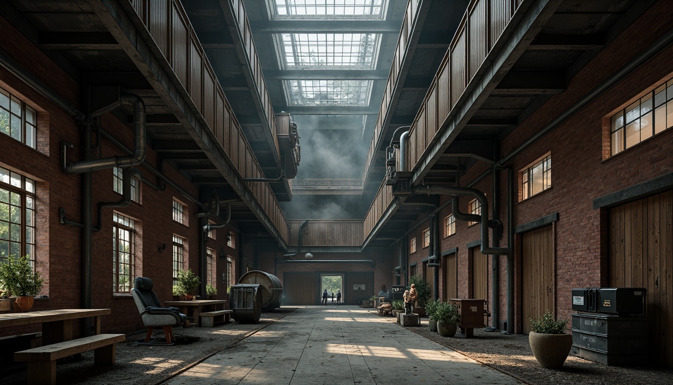 Prompt: Rustic industrial landscape, abandoned factories, distressed brick walls, metal beams, reclaimed wood accents, exposed ductwork, concrete floors, steel columns, urban decay, gritty textures, moody lighting, dramatic shadows, cinematic composition, 1/1 aspect ratio, high contrast, atmospheric fog, misty ambiance, functional pipes, mechanical equipment, industrial heritage, brutalist architecture, raw concrete forms, metallic tones, utilitarian design.